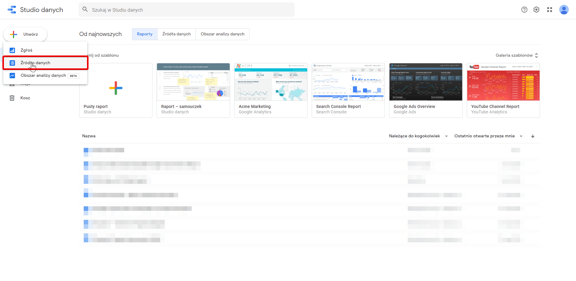 Dodawanie źródeł danych w Google Data Studio