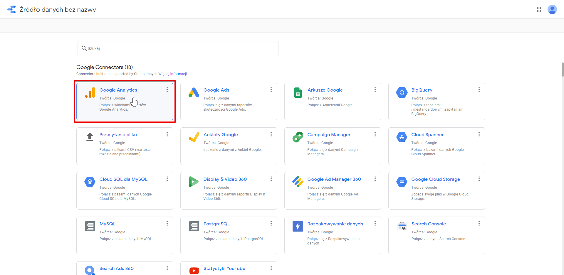 Dodawanie źródeł danych (Analytics) w Google Data Studio