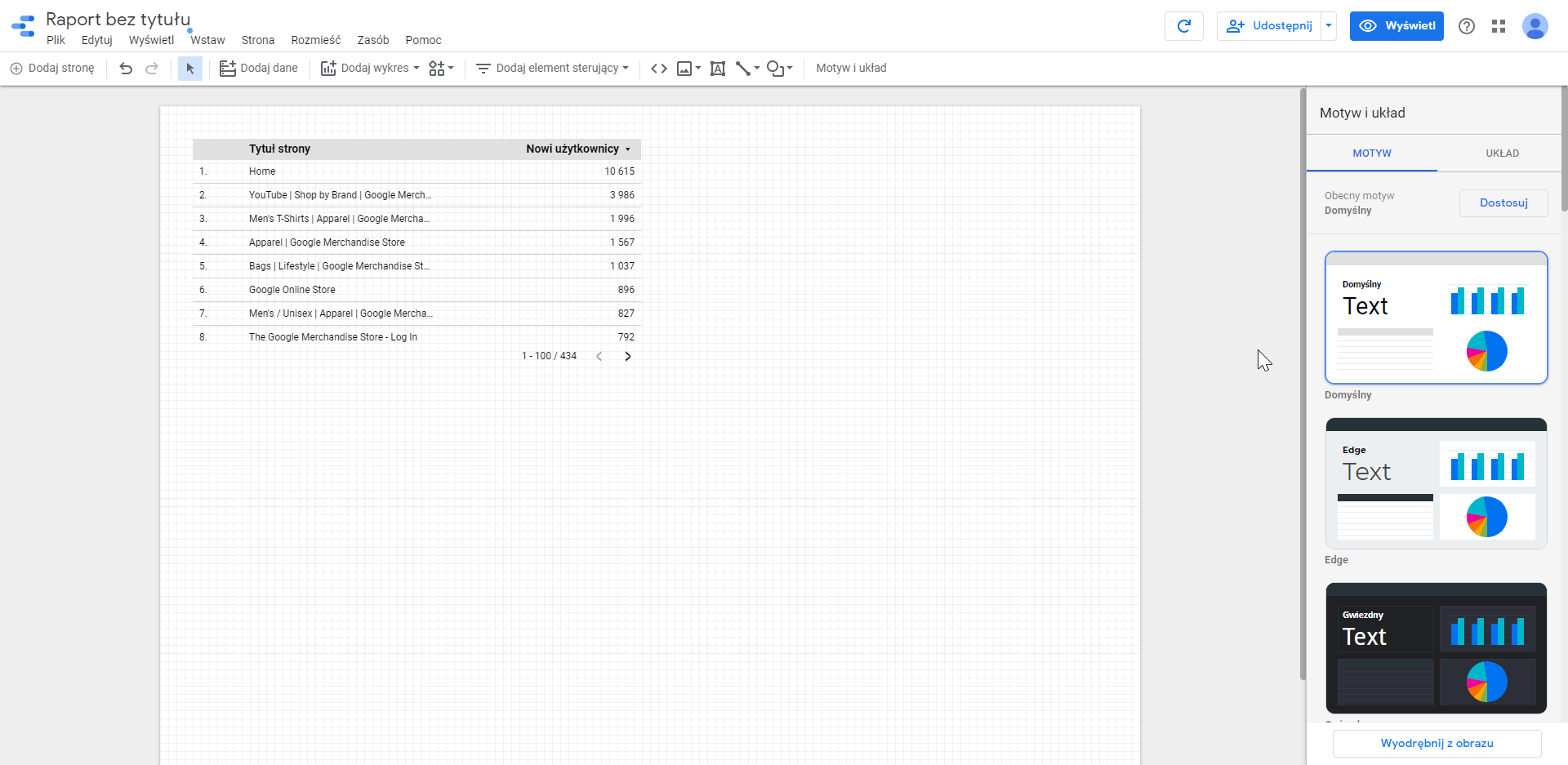 Dodawanie elementów do raportu w Google Data Studio